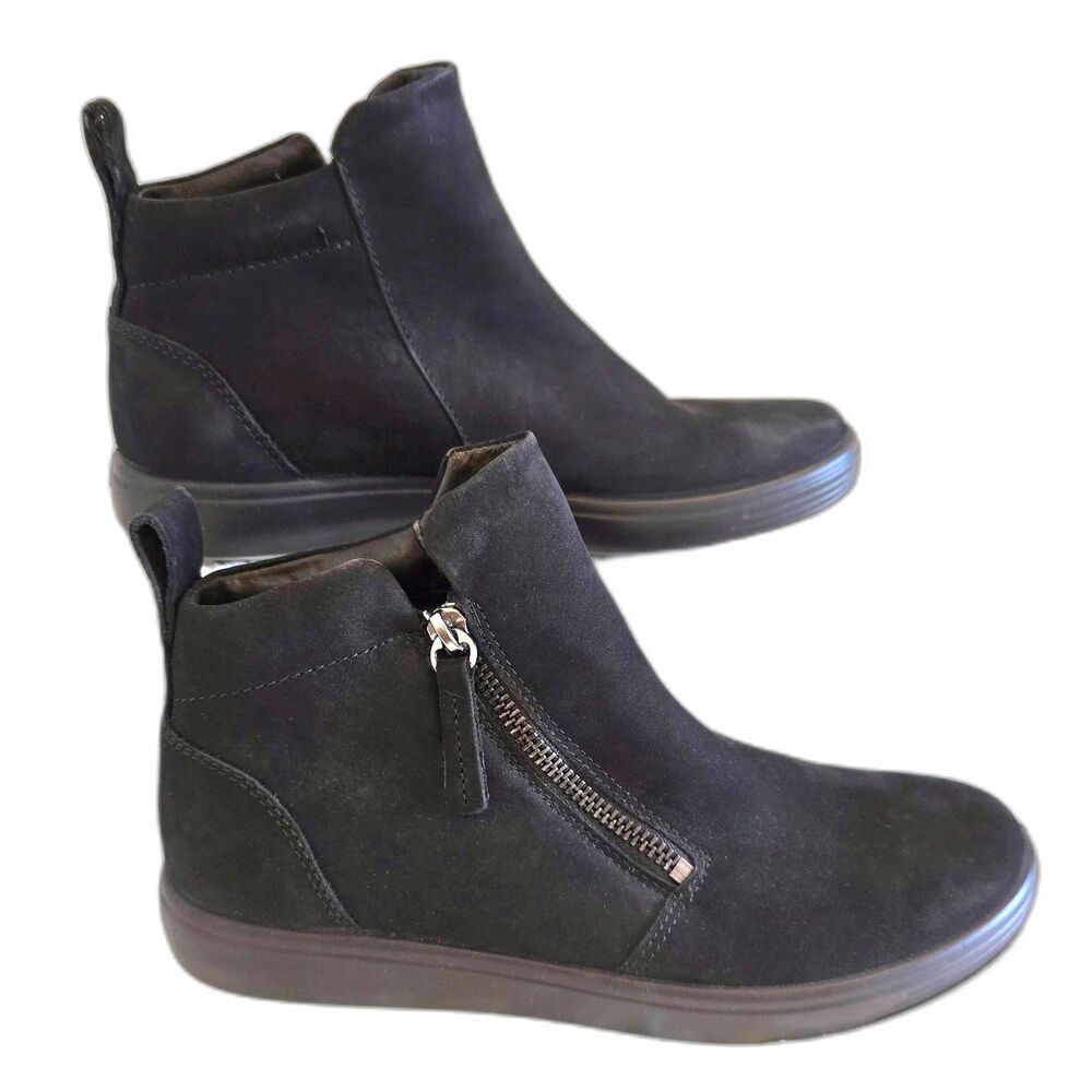 ECCO Move W Black Suede Ankle Boots Womens 36 US 5-5.5 Dual Zip Leather Booties